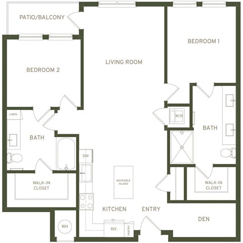 Floor plan for 2 beds, 2 baths, 1127 sqft